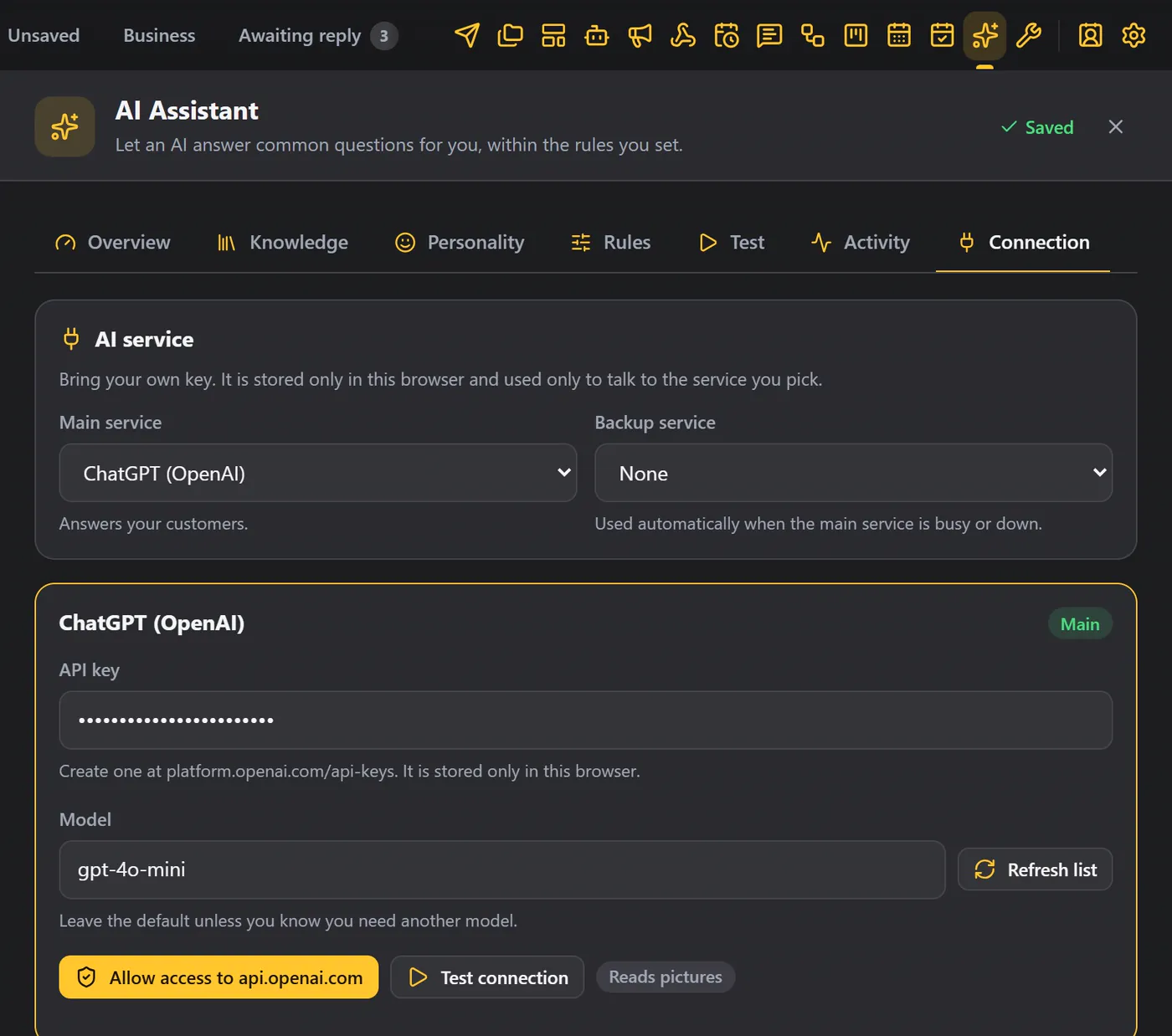 The Connection tab: a service, an API key and a model