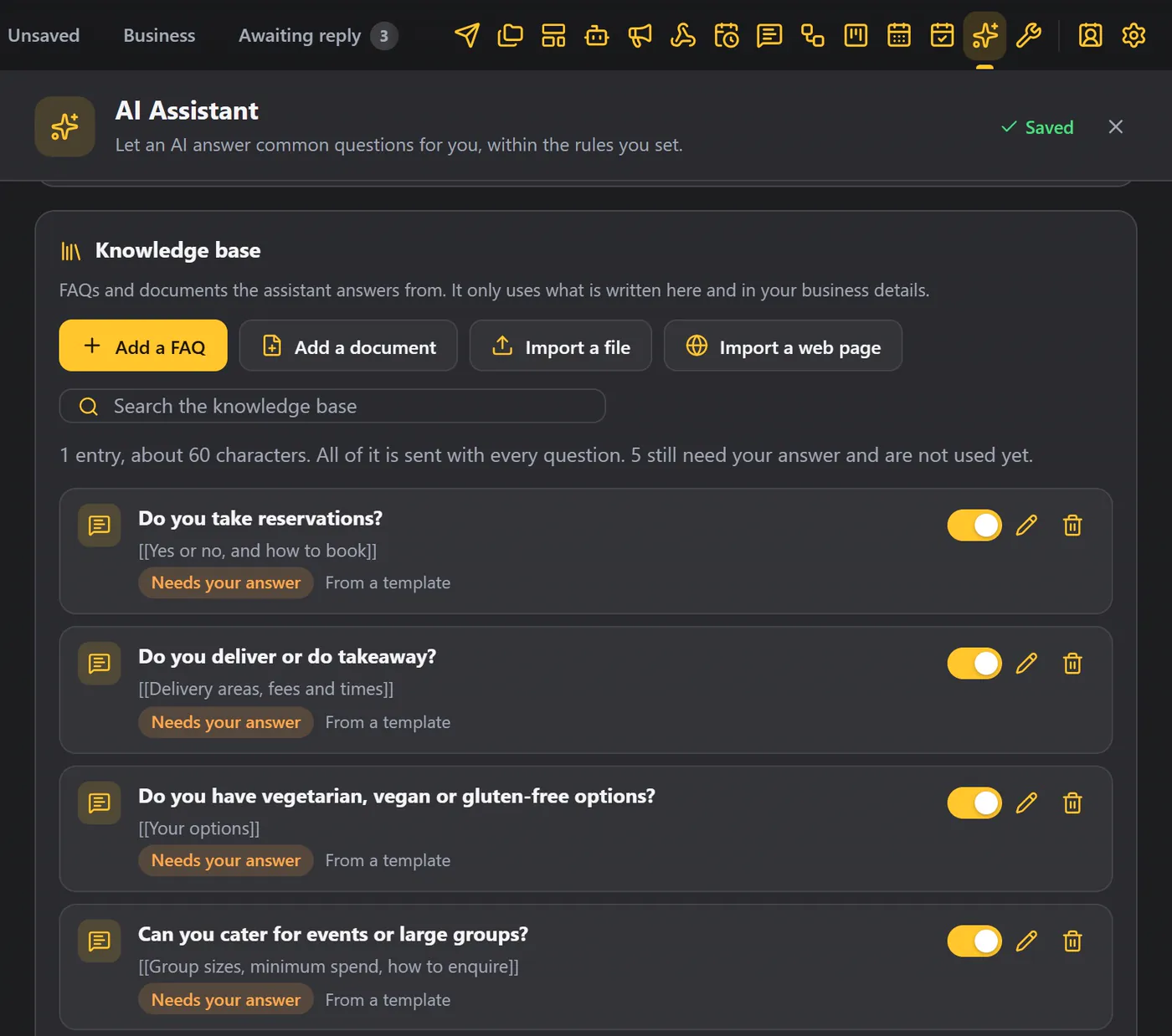 The knowledge base: FAQs marked Needs your answer