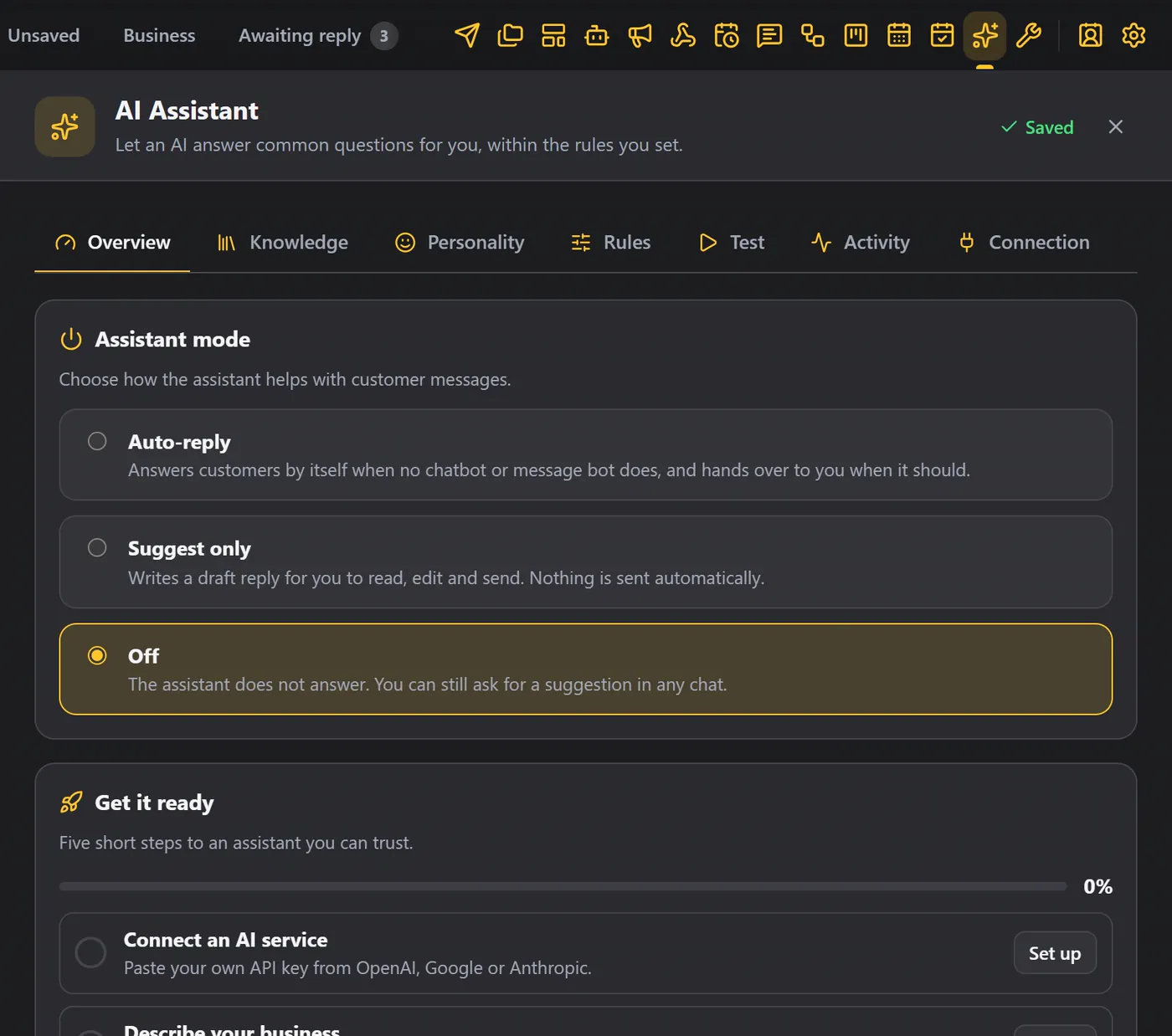 The AI Assistant screen: Overview, with the assistant mode and a Get it ready checklist
