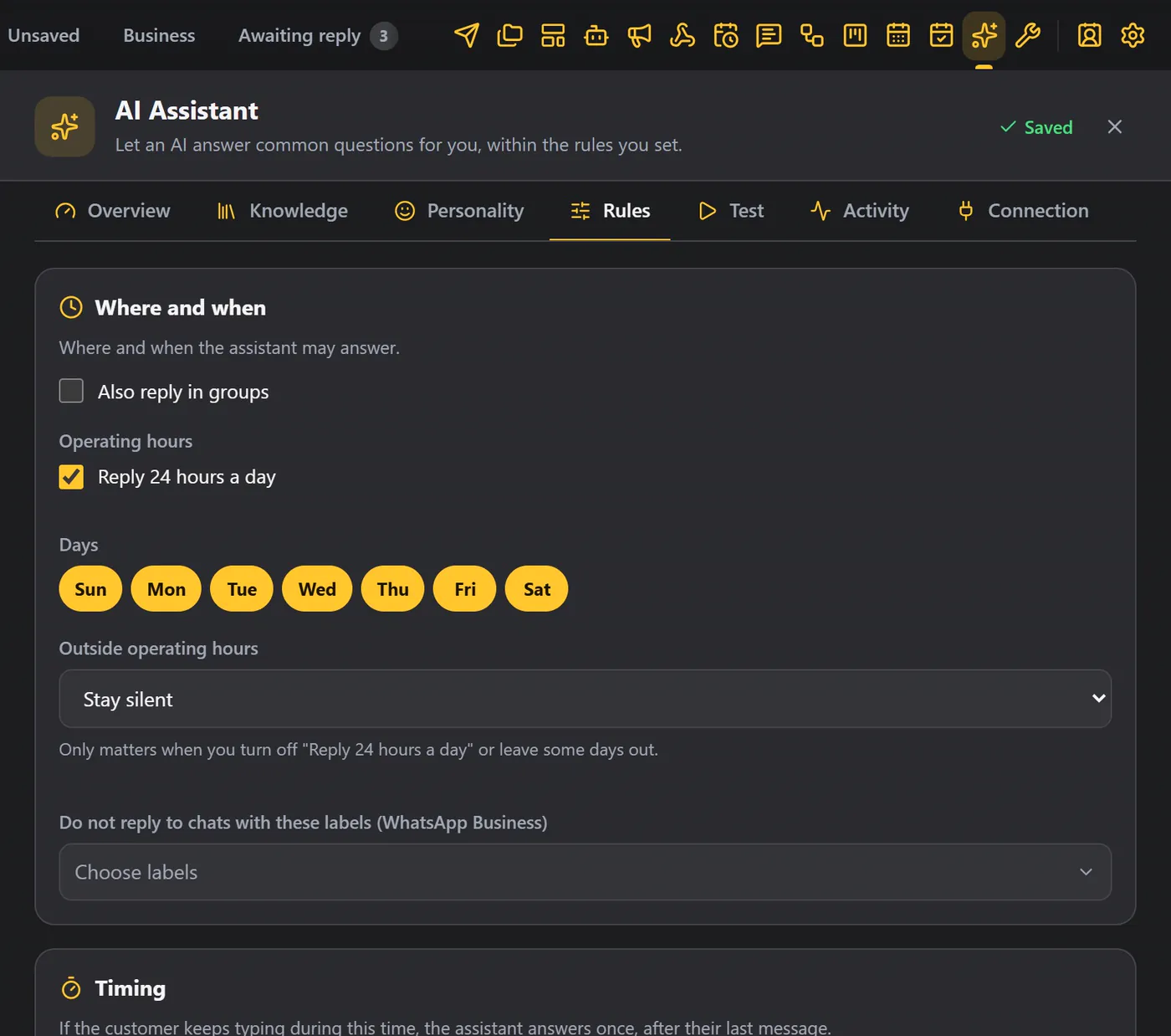 The Rules tab: where and when, operating hours and days