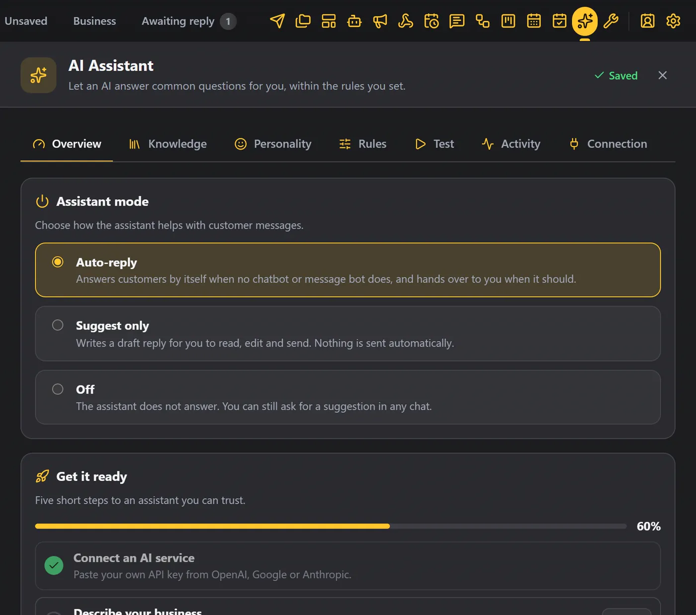 Overview with the mode on Auto-reply and the weekly numbers