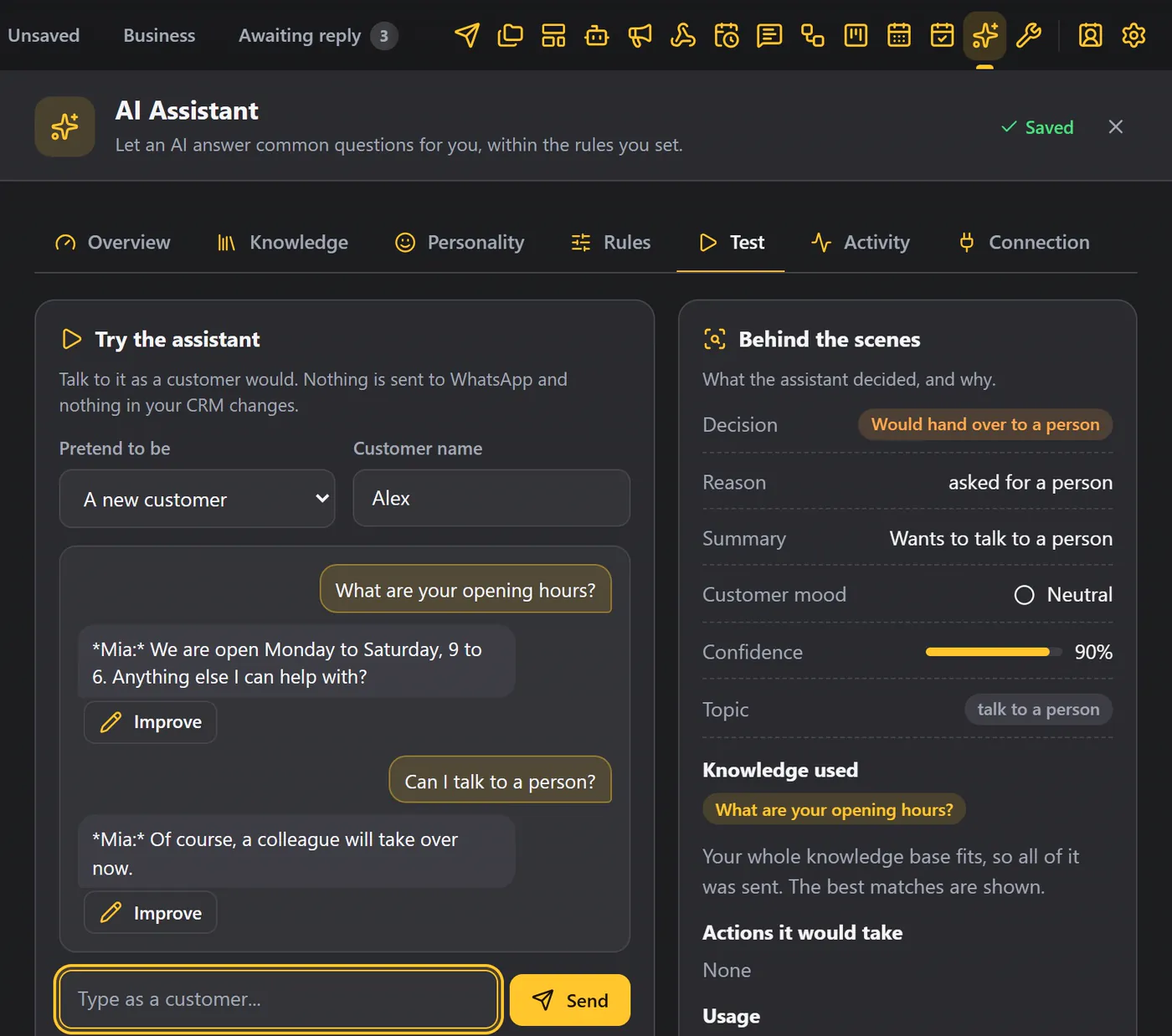 Testing: a conversation on the left, and the assistant's decision on the right