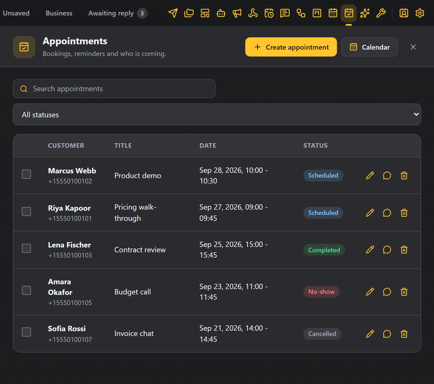 Appointments in the list, with their status