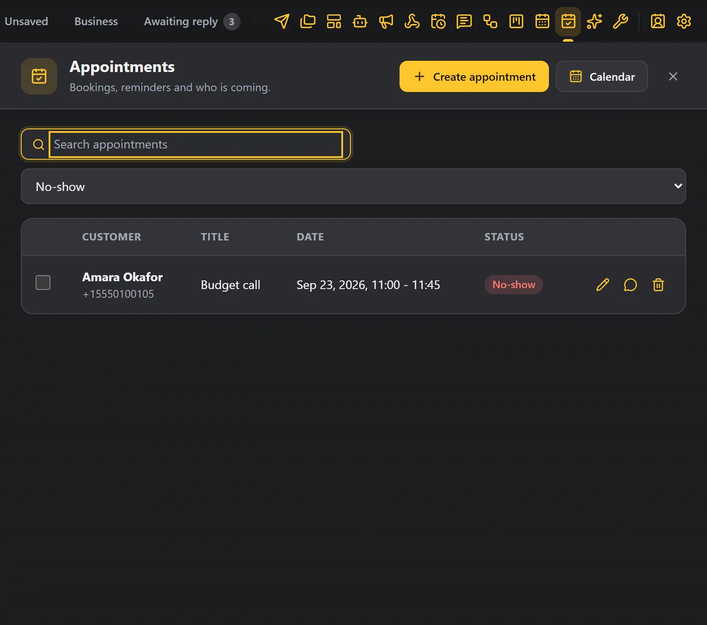 Filtering the list to No-show