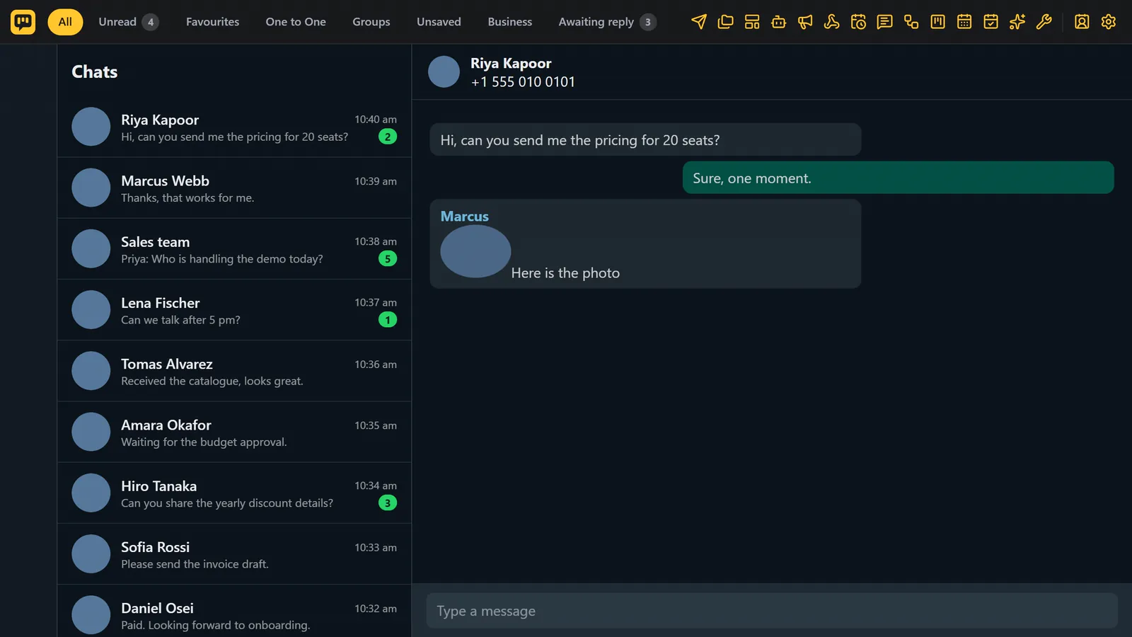The WAFlow bar across the top of WhatsApp Web, with the chat list and a conversation below it