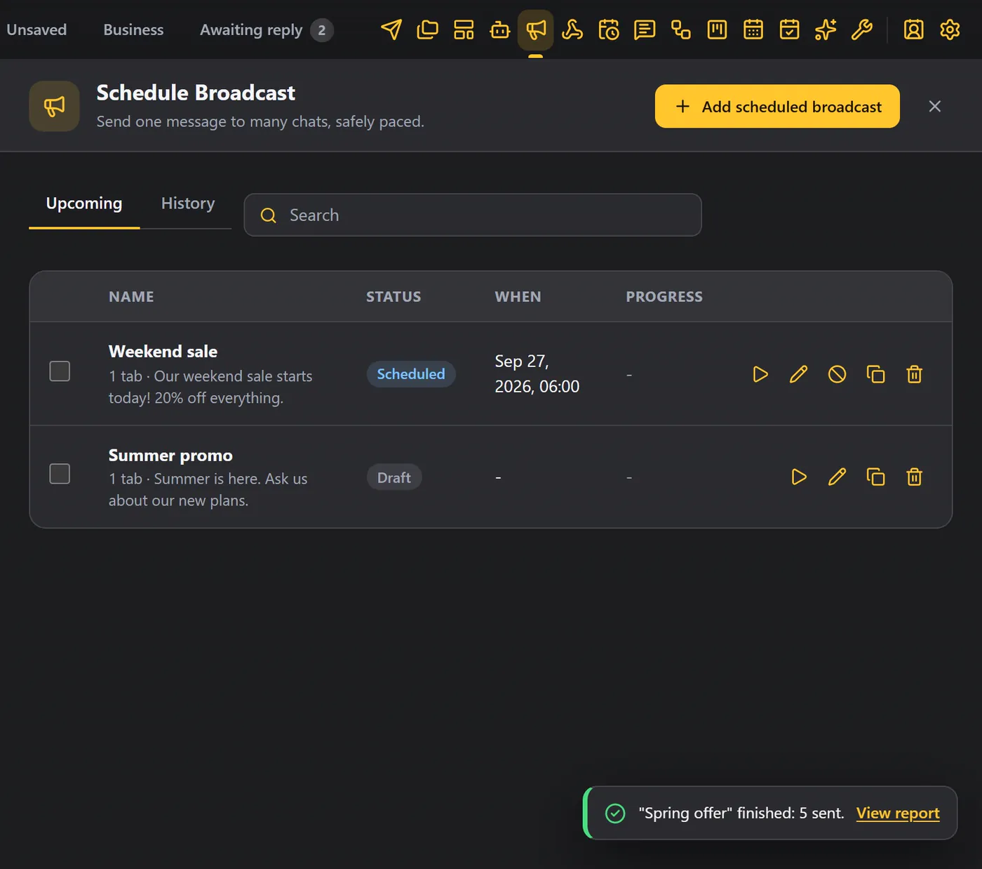 Upcoming: one scheduled and one draft