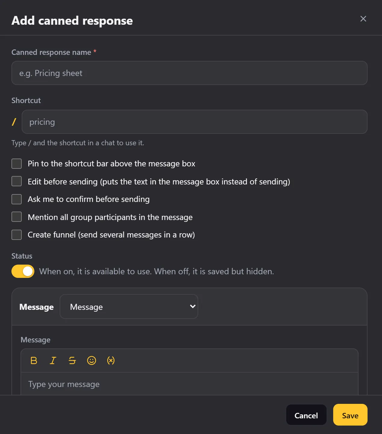 The canned response editor