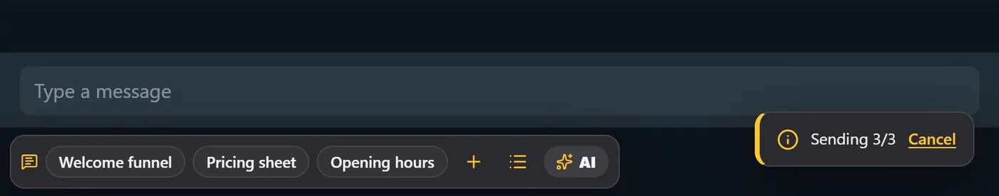 A funnel in progress: Sending 2/3, with a Cancel link