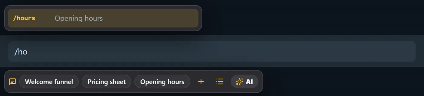 Typing /ho narrows the list to Opening hours