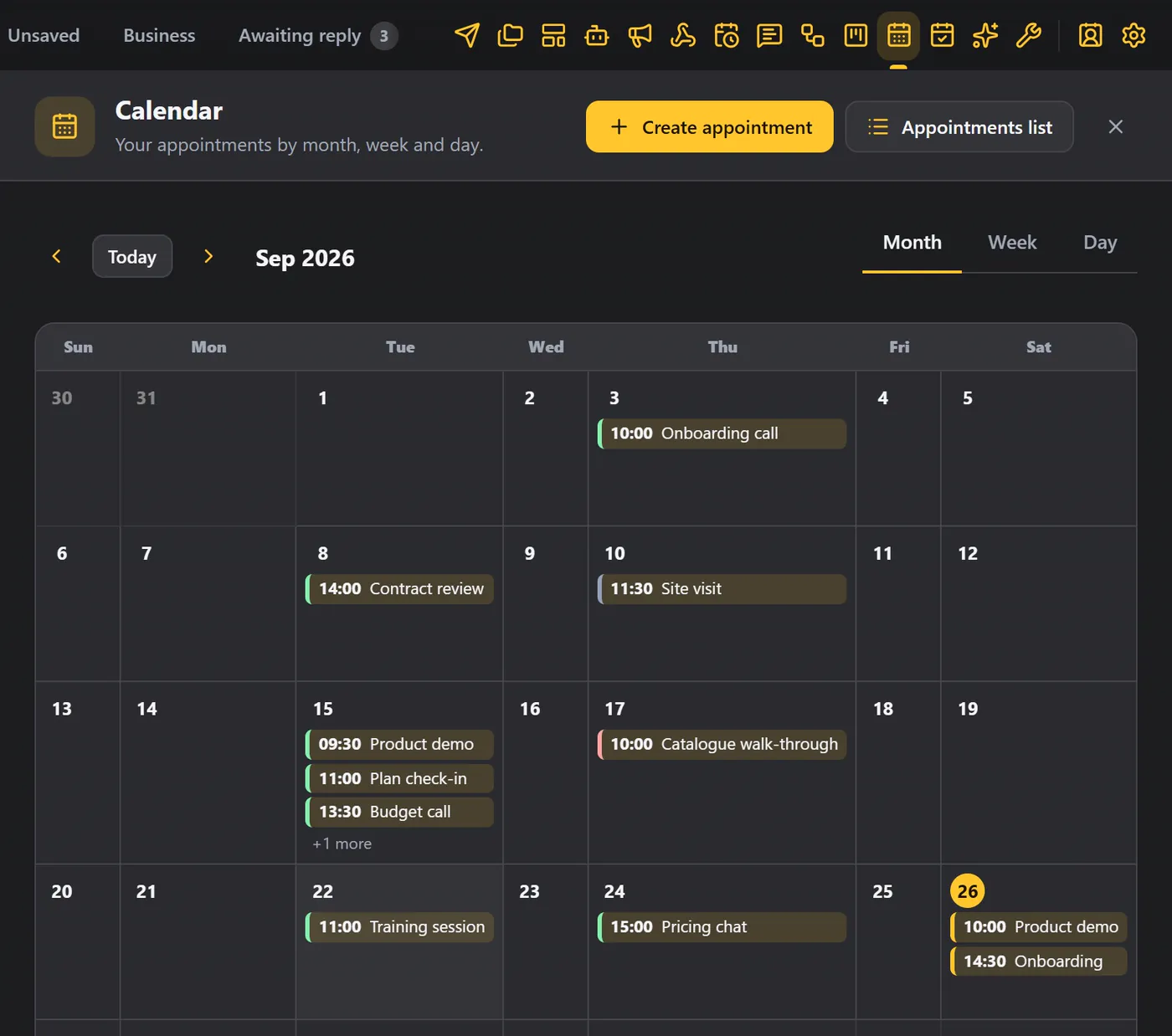 The month view, with appointments as chips