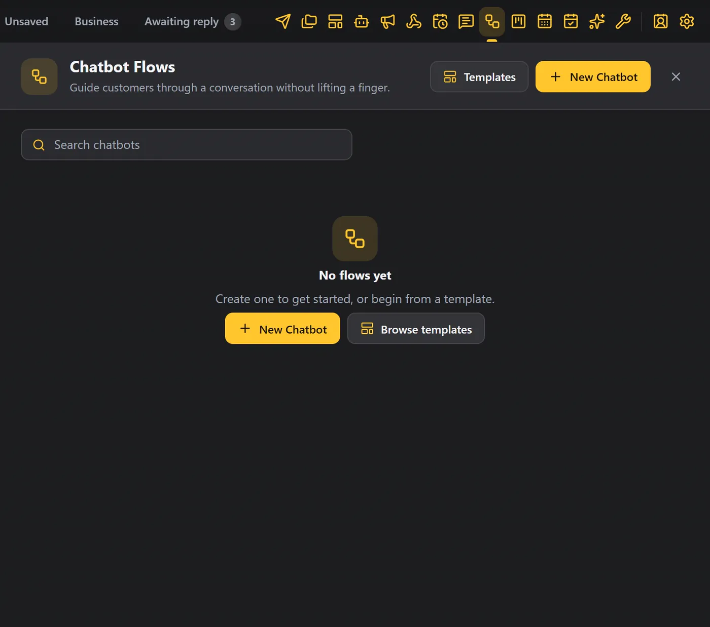 The Chatbot Flows panel before you have a chatbot