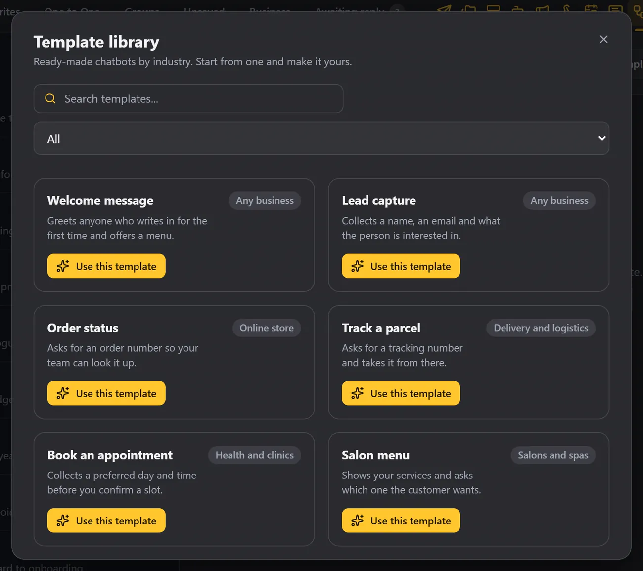 The template library, with a Use this template button on each card