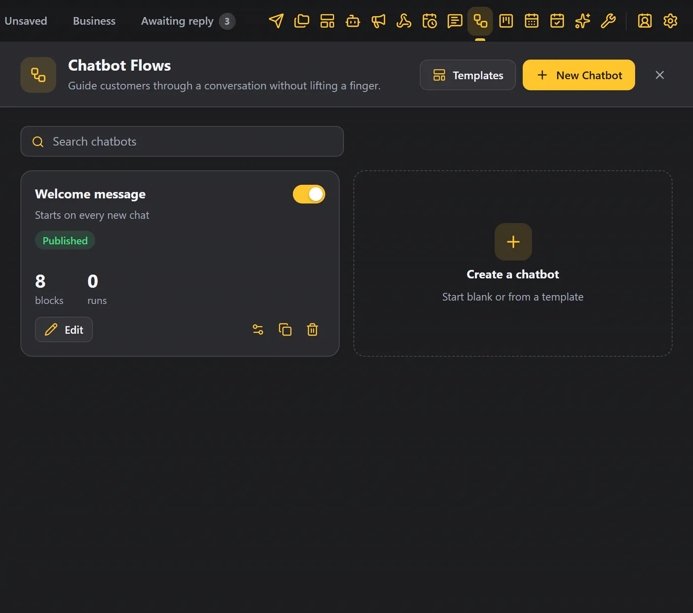 A chatbot card, with its Active switch and the buttons to edit, configure, copy and delete