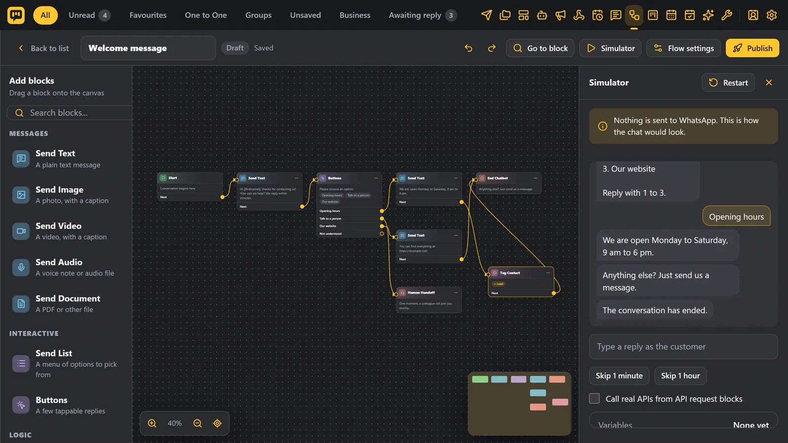The simulator: the chatbot answers, step by step