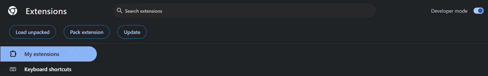 The Developer mode switch is on, and the Load unpacked button is showing
