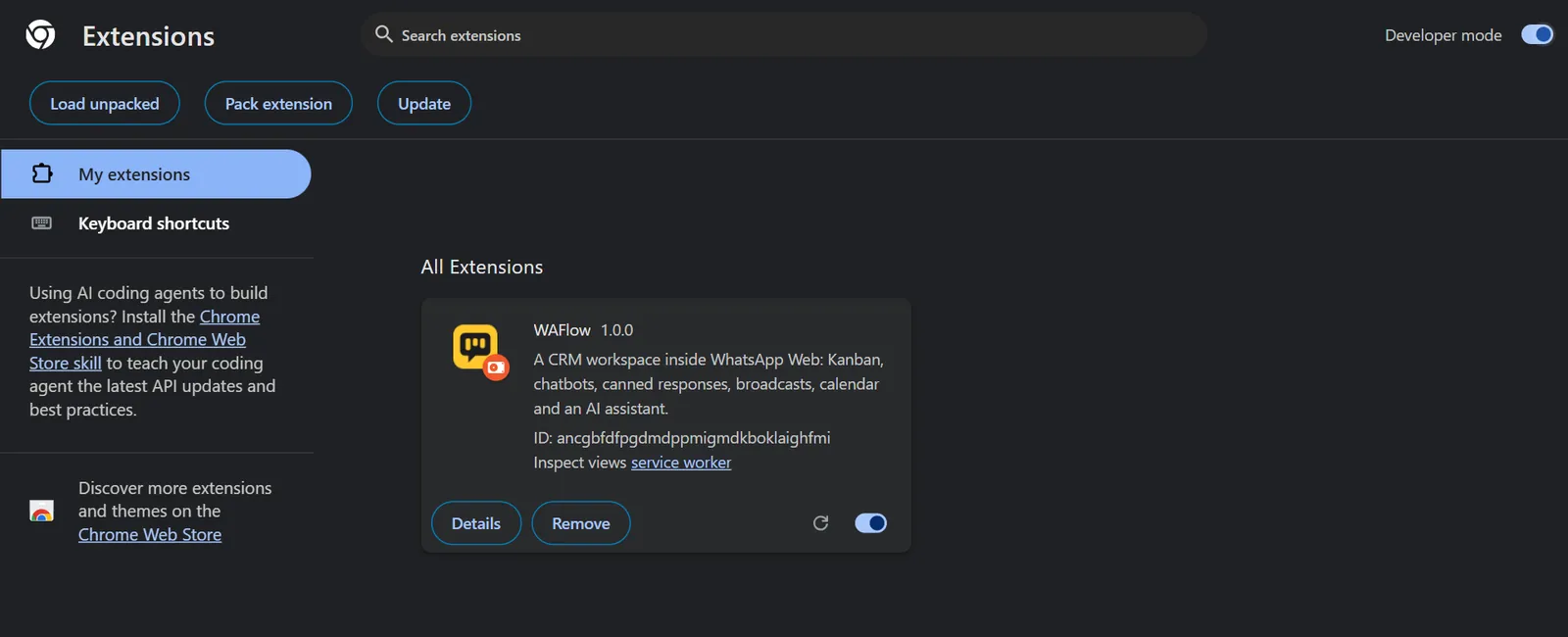 WAFlow listed on the extensions page