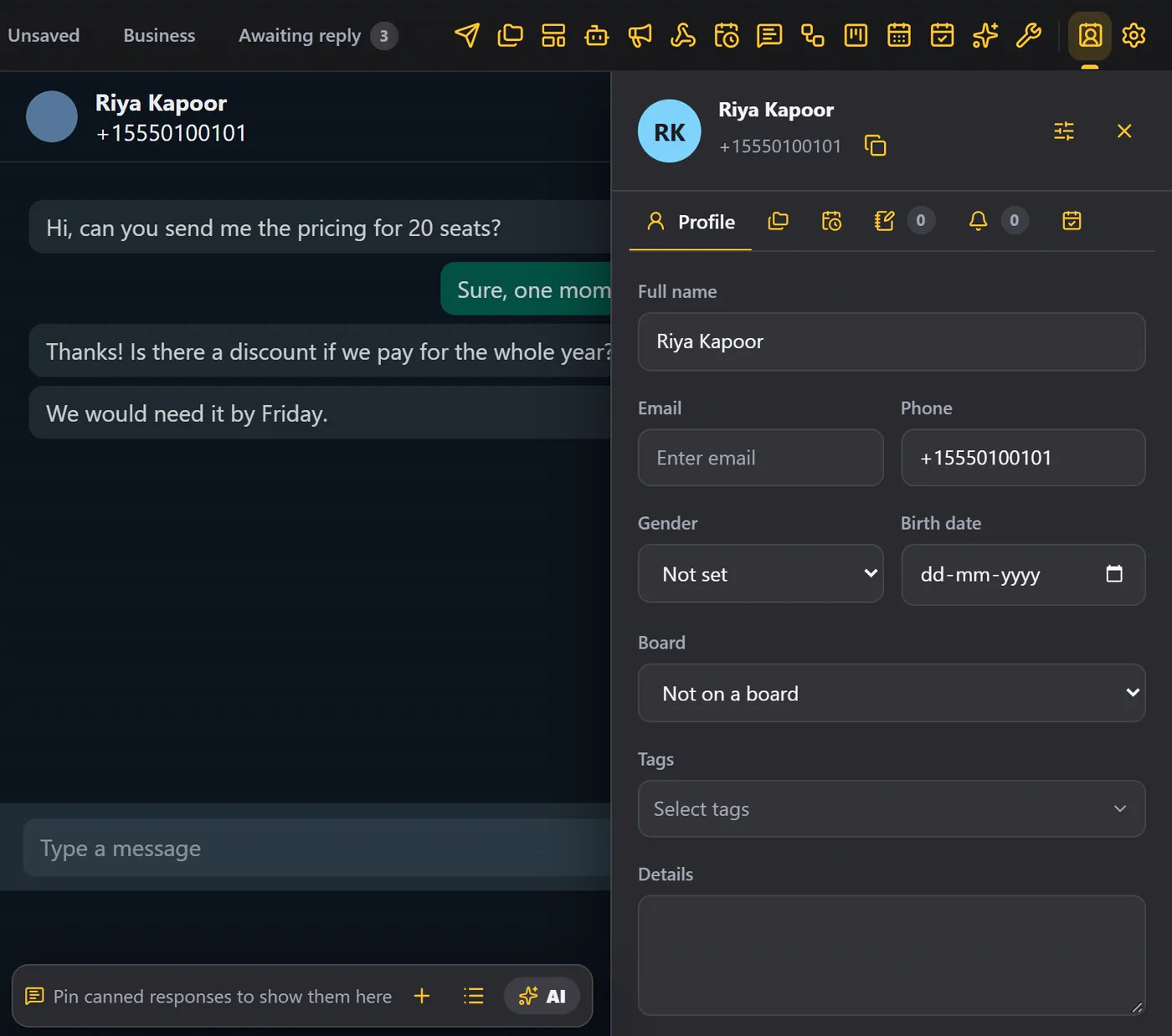 The contact details panel, beside an open chat