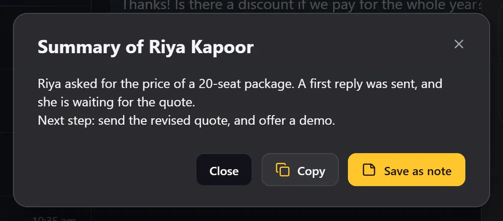 A summary of the conversation, with Copy and Save as note