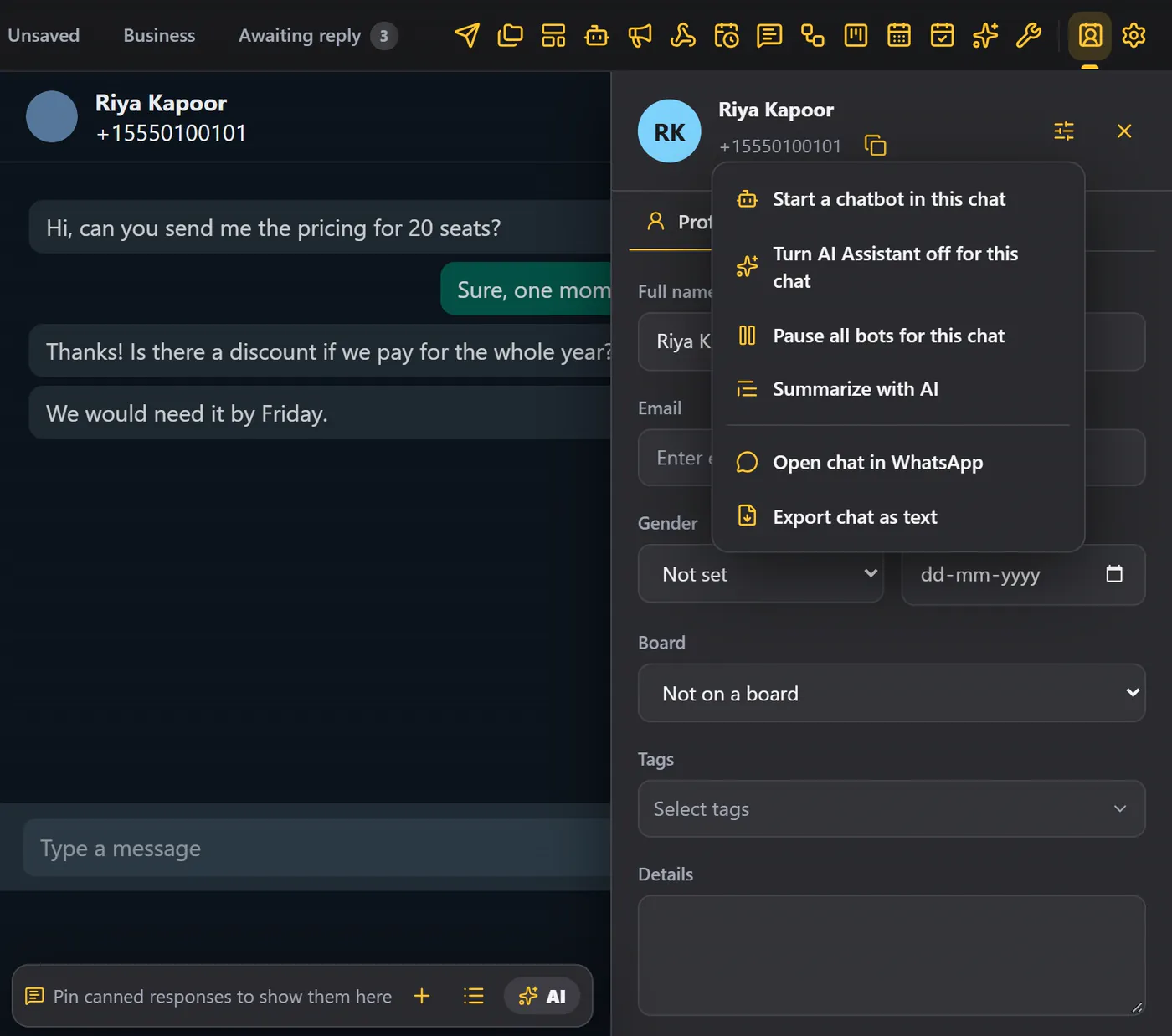 The chat tools menu