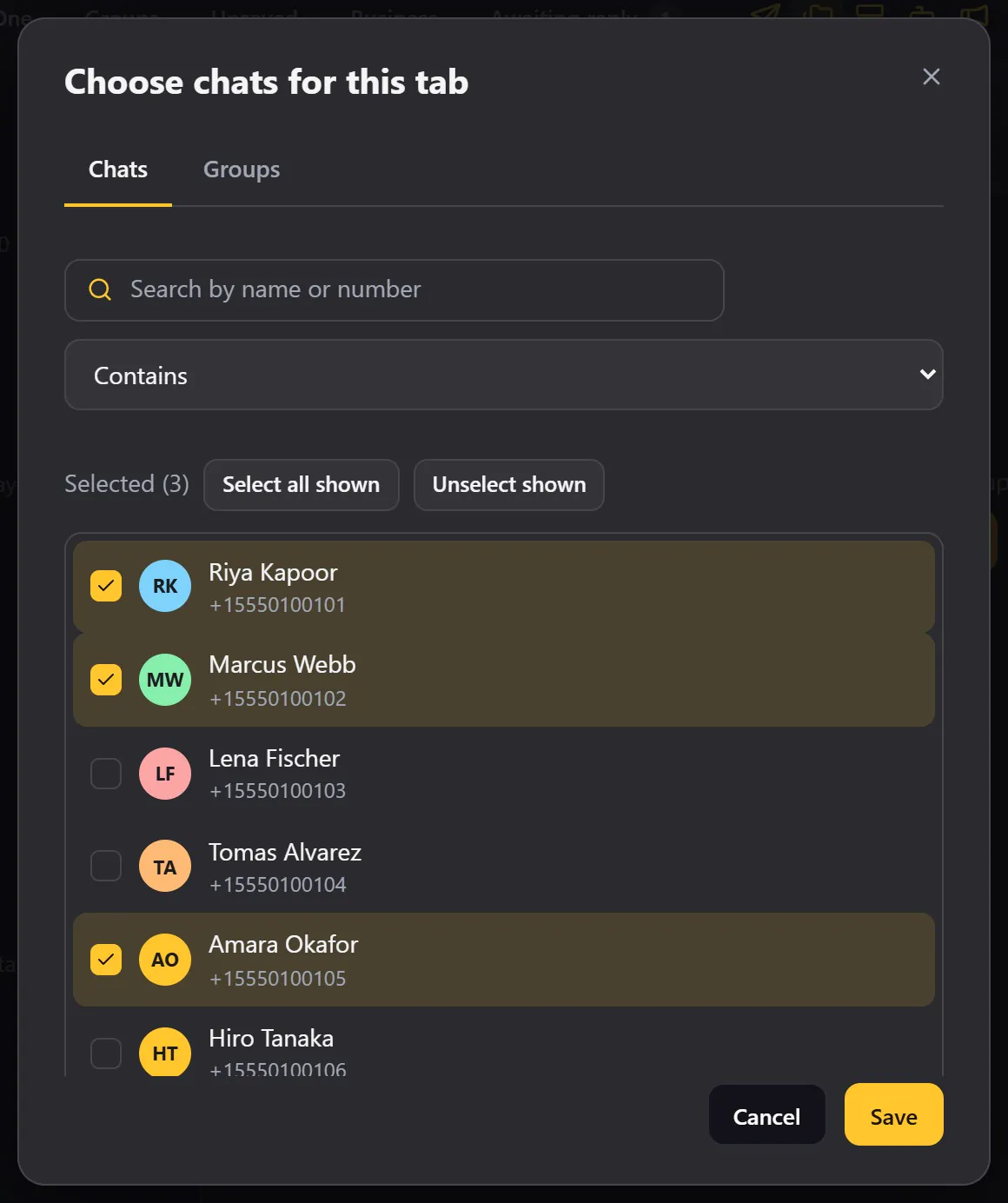 Choosing the chats for a tab