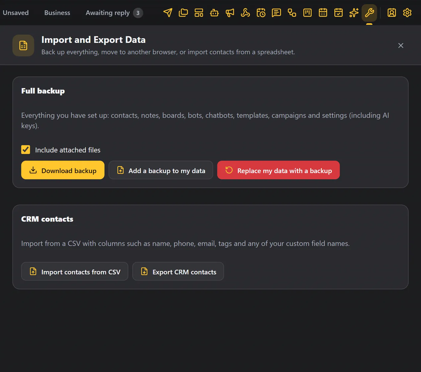 Import and export data: Full backup, and CRM contacts