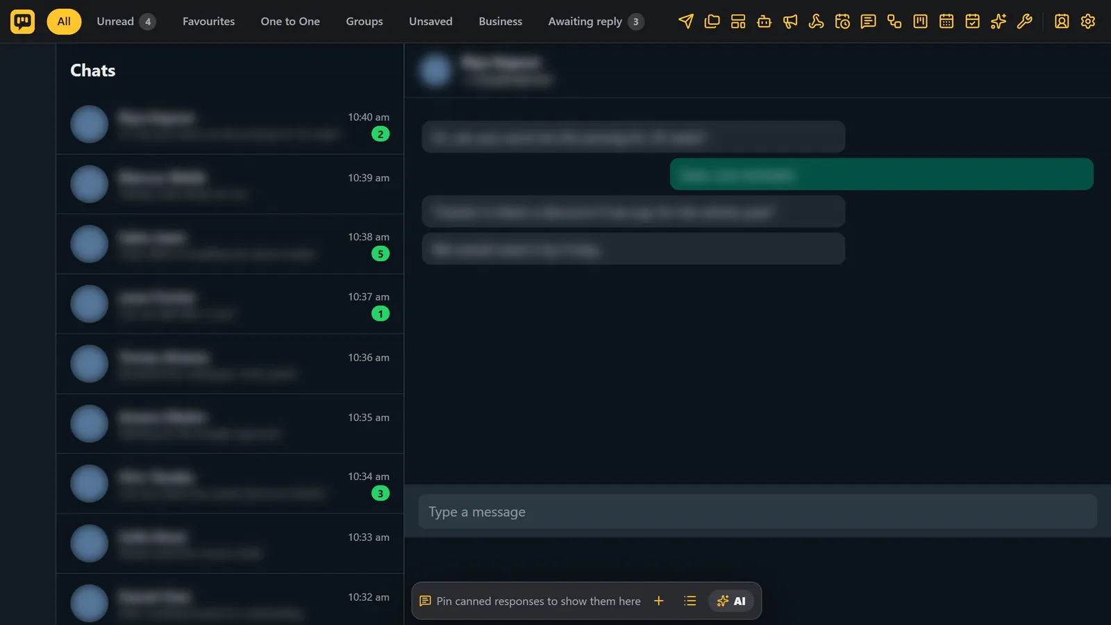 WhatsApp Web with blur on: names, messages and photos are blurred