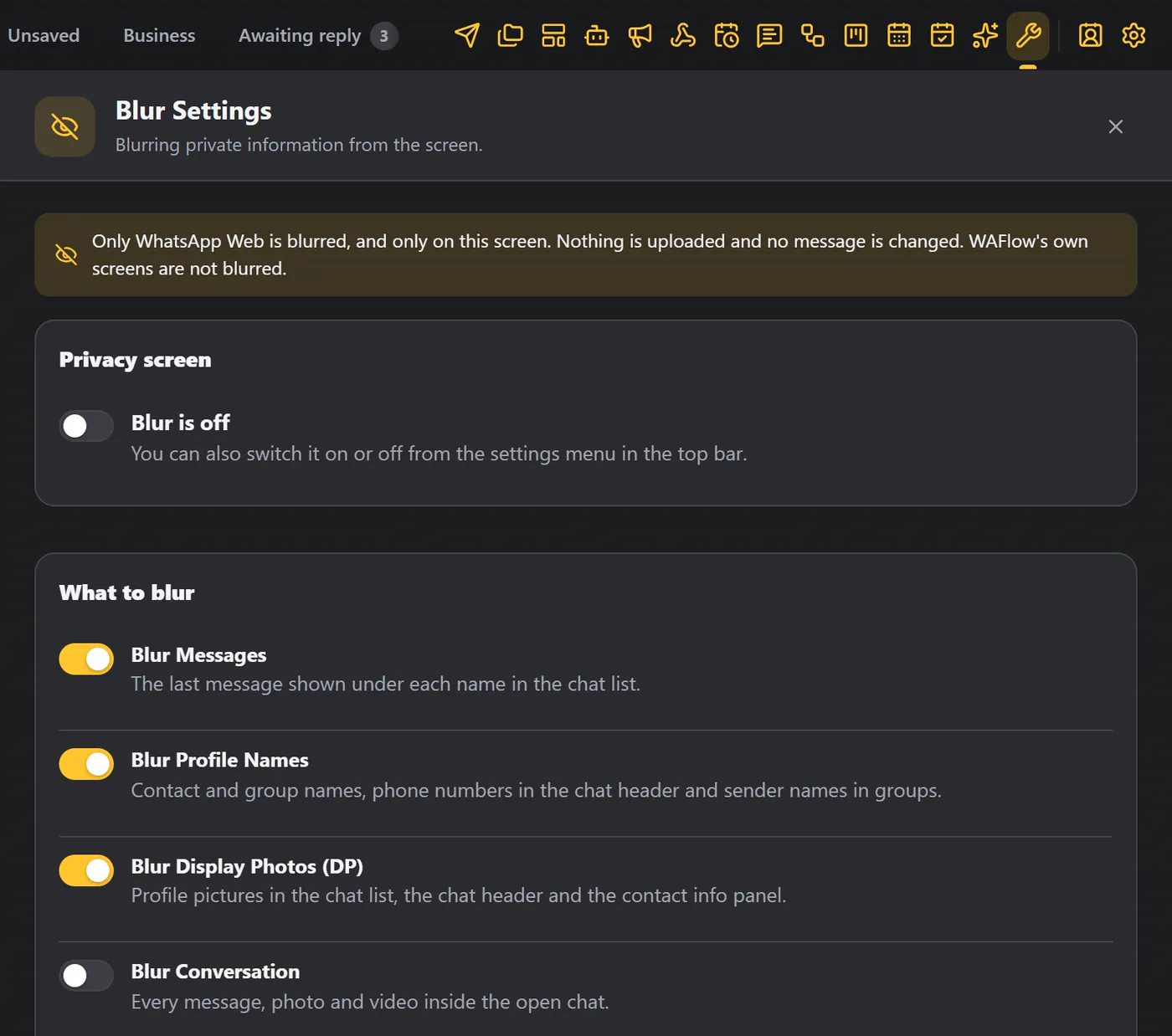 The Blur settings screen