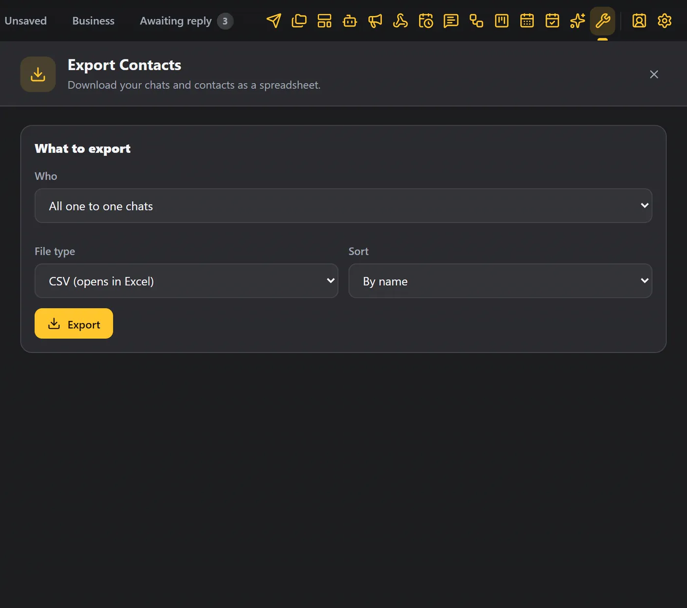 The Export contacts screen: Who, File type and Sort
