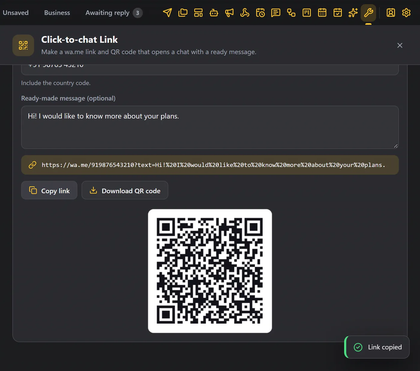 A wa.me link and its QR code