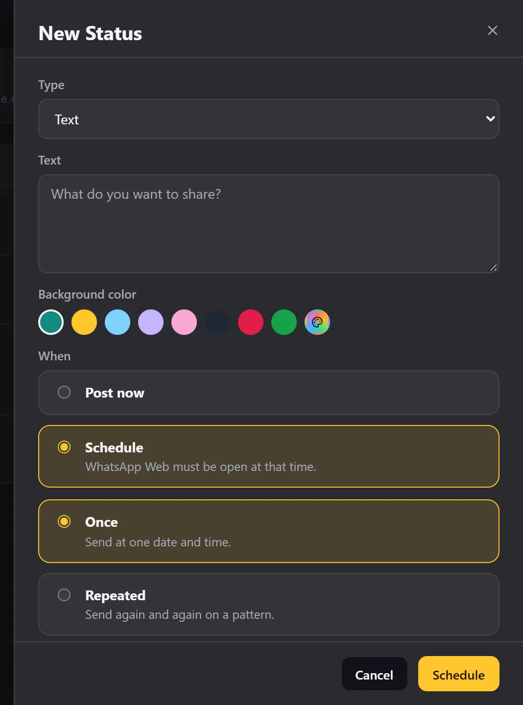 The New Status window: type, text, background colour and when