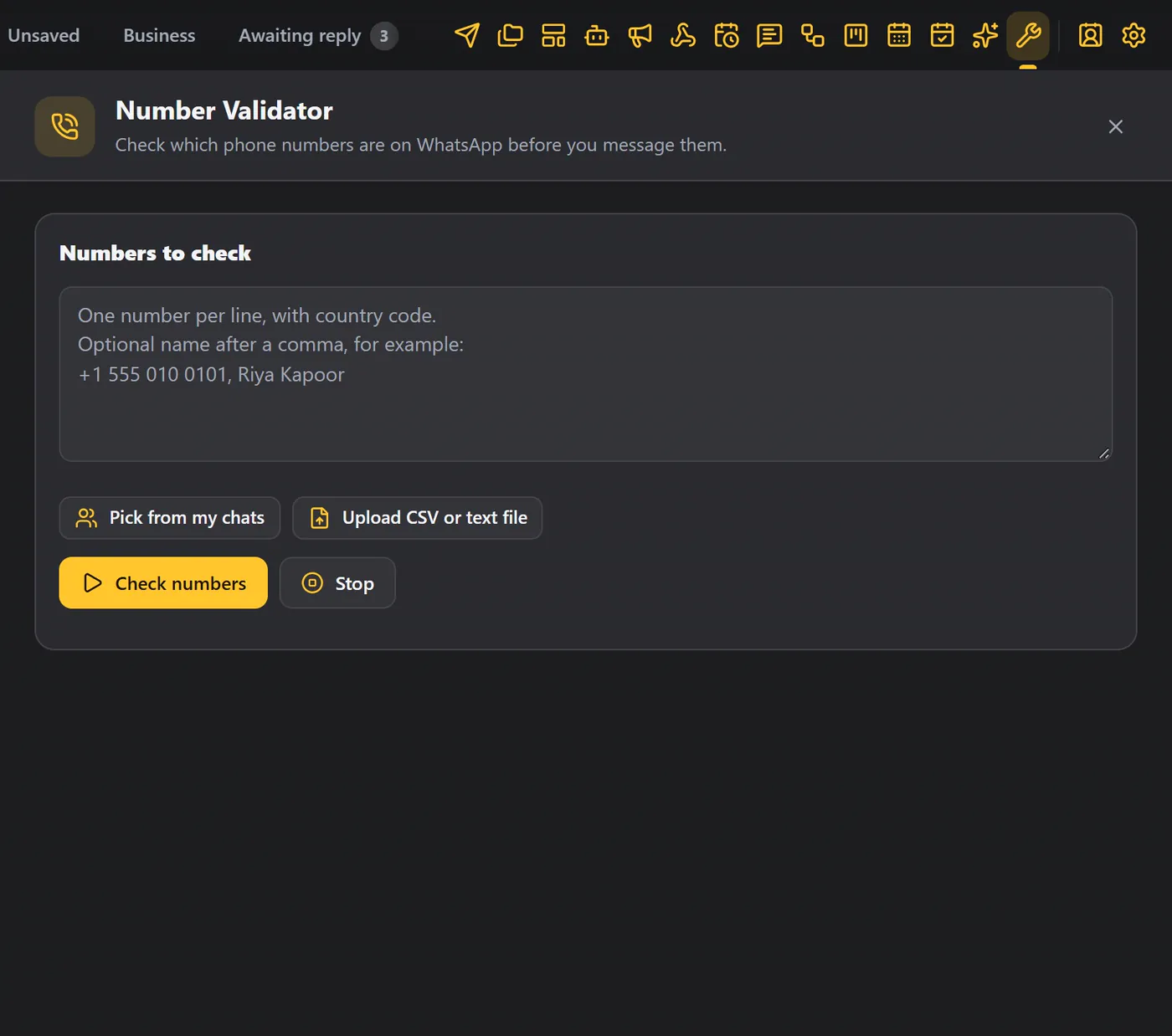 The Number validator screen