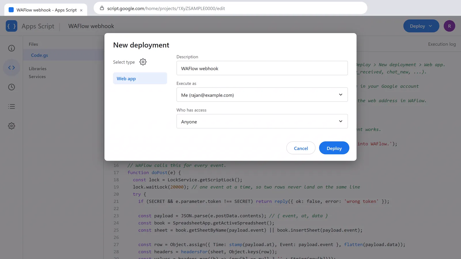 The New deployment window: Web app, Execute as Me, Who has access Anyone