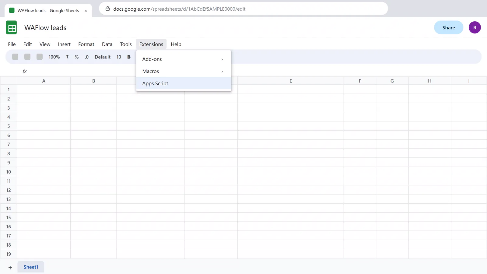 The Extensions menu of a spreadsheet, with Apps Script at the bottom