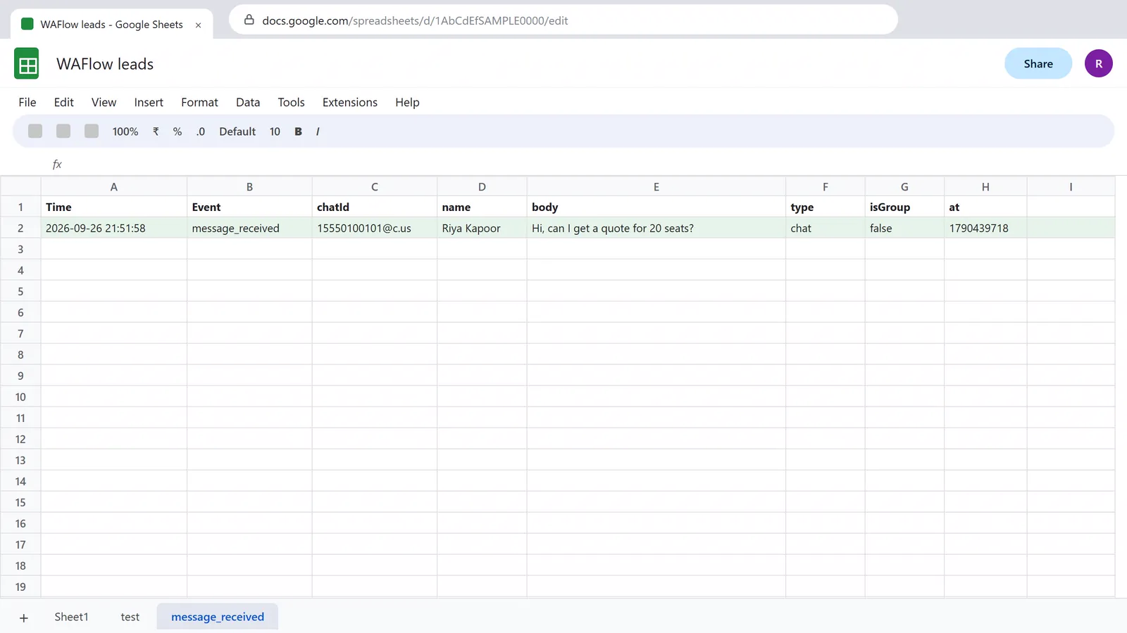 The message_received tab of the sheet, with one row for a message