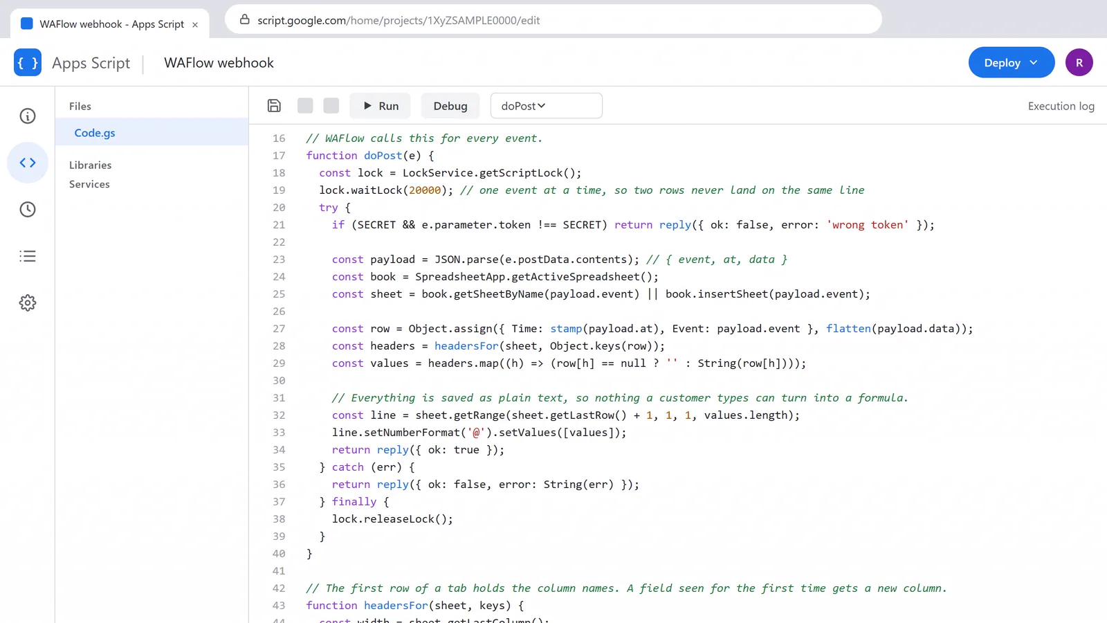 The script pasted into the Apps Script editor