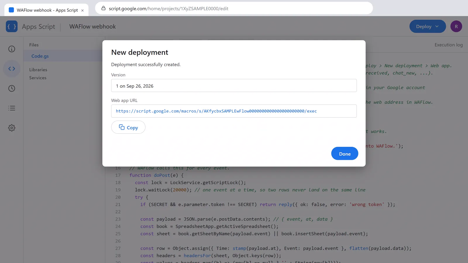 The web app URL, with a Copy button