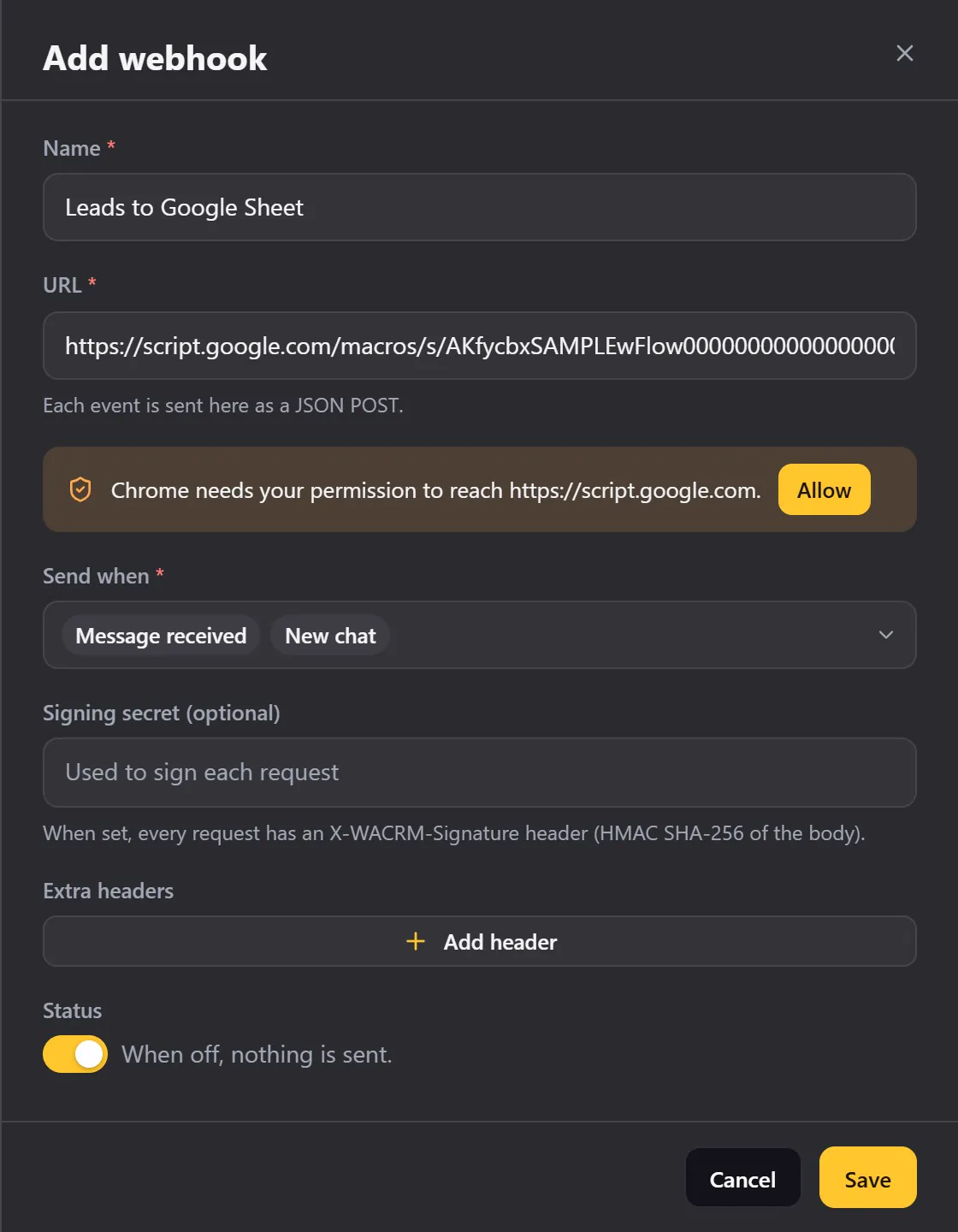 The webhook editor, with the web app address in the URL field