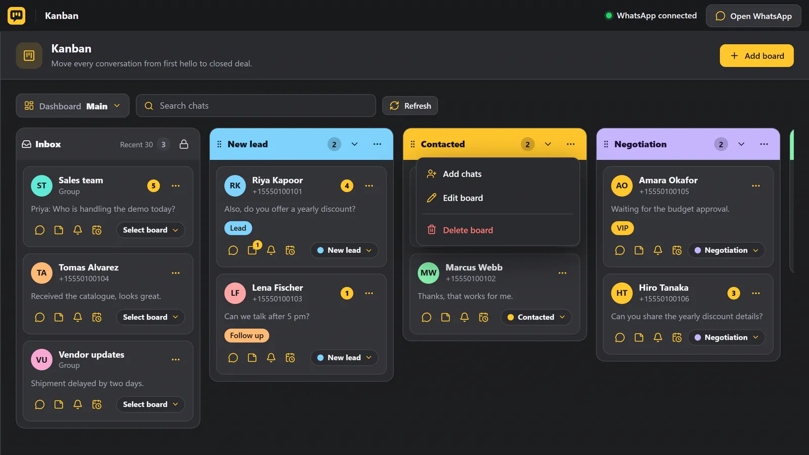 The board menu: Add chats, Edit board and Delete board