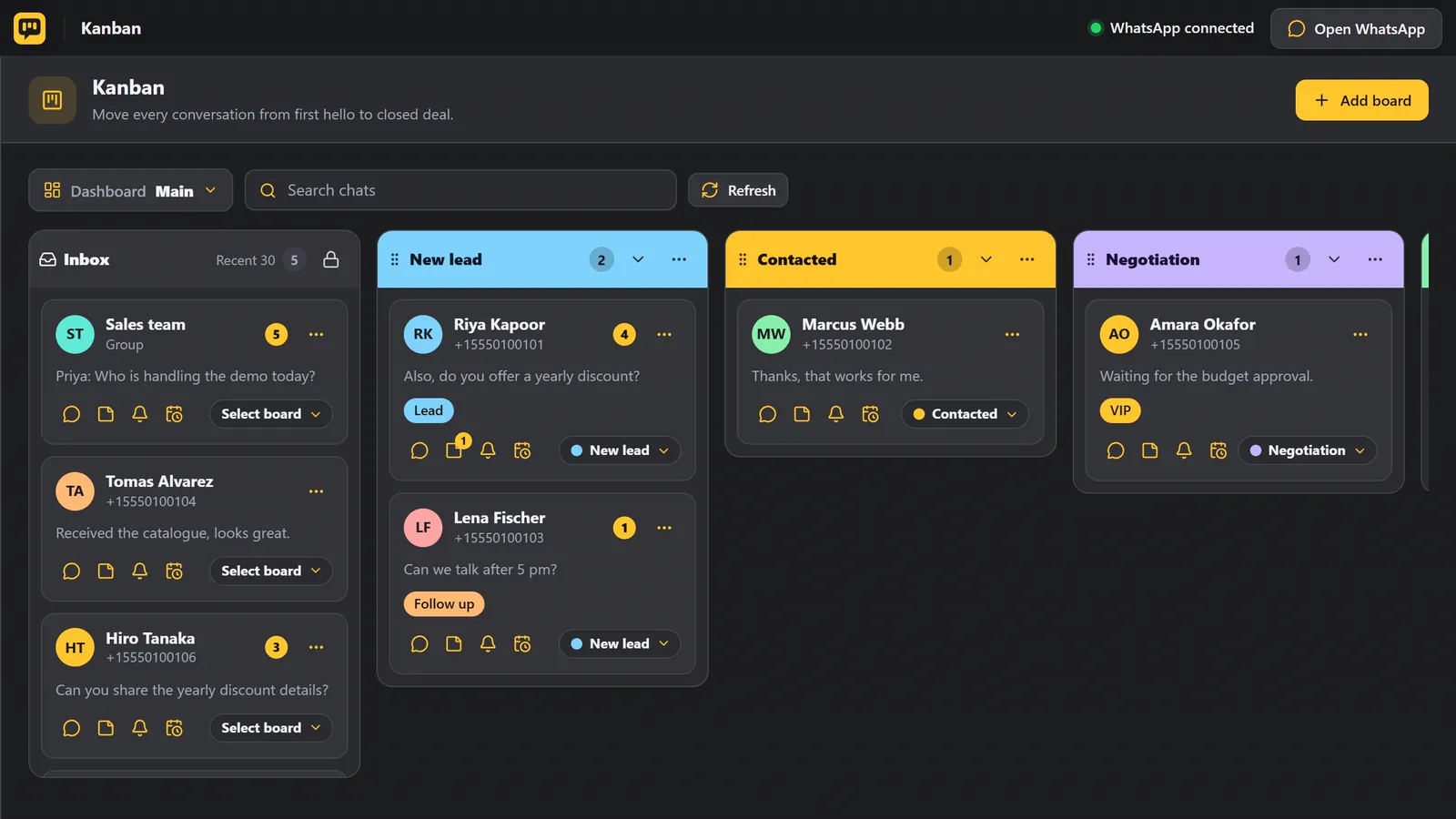 The Kanban page: an Inbox and four boards