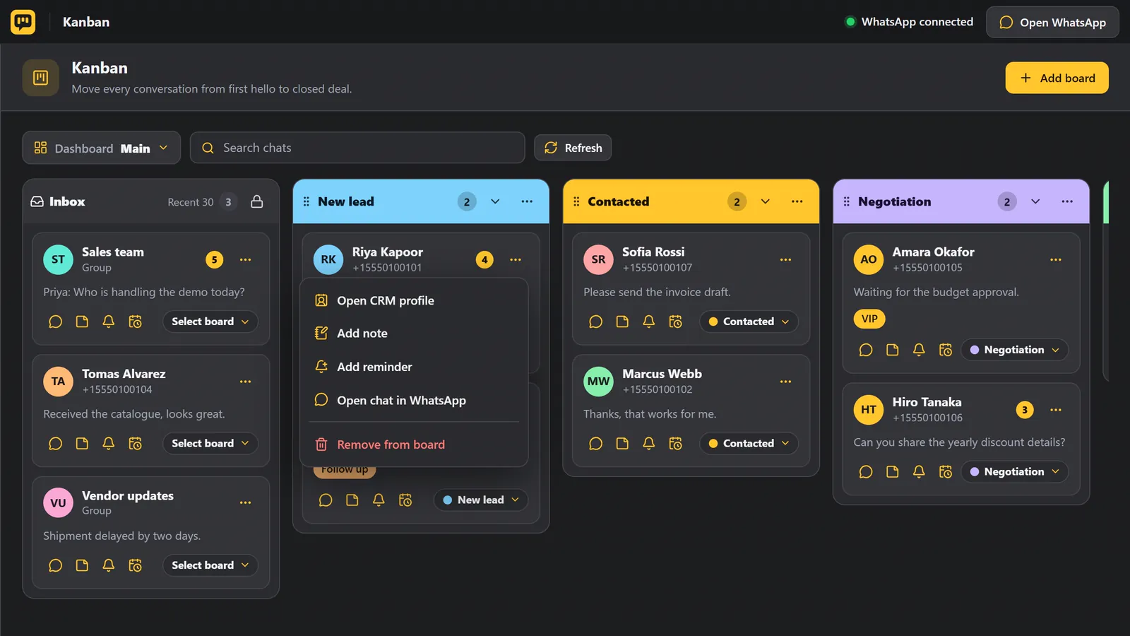 The card menu: CRM profile, Add note, Add reminder, Open chat in WhatsApp, Remove from board