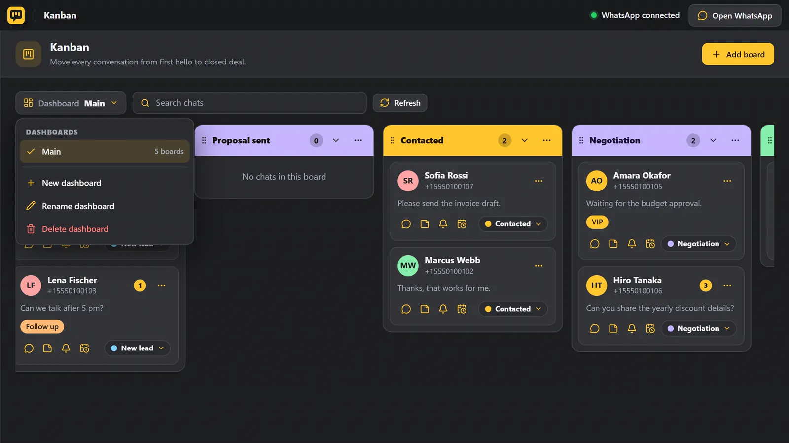 The dashboard menu: switch, create, rename and delete dashboards