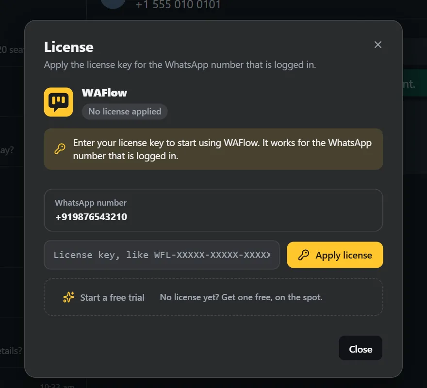 The license box before a key is applied: it shows your WhatsApp number, a place for the key, and a Start a free trial button