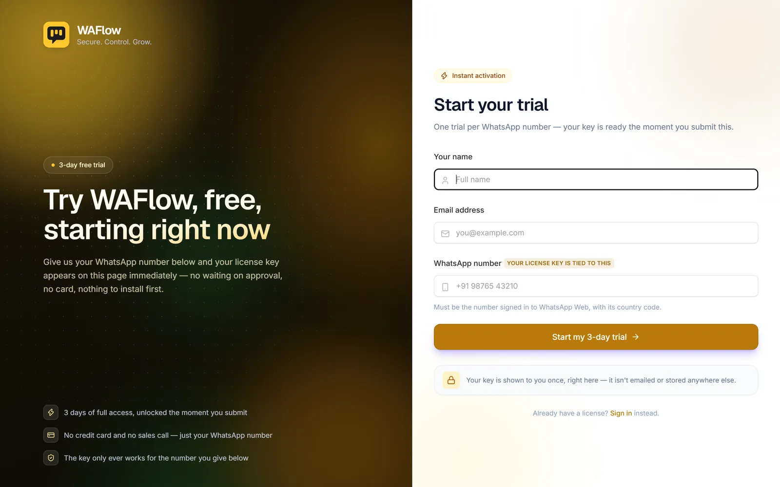The free trial page: name, email, WhatsApp number and a Start my trial button