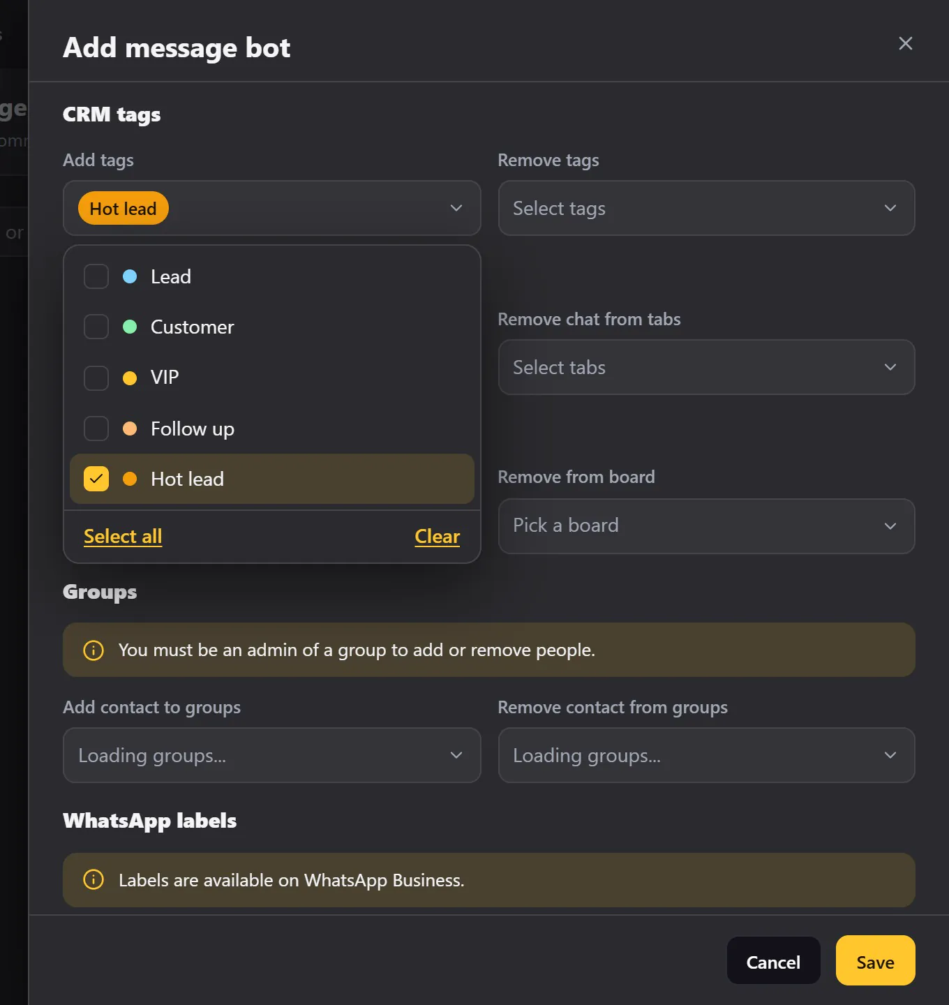 Post actions: CRM tags, custom tabs, boards, groups and labels