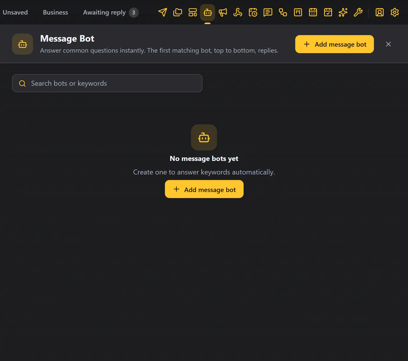 The Message Bot panel before you create one