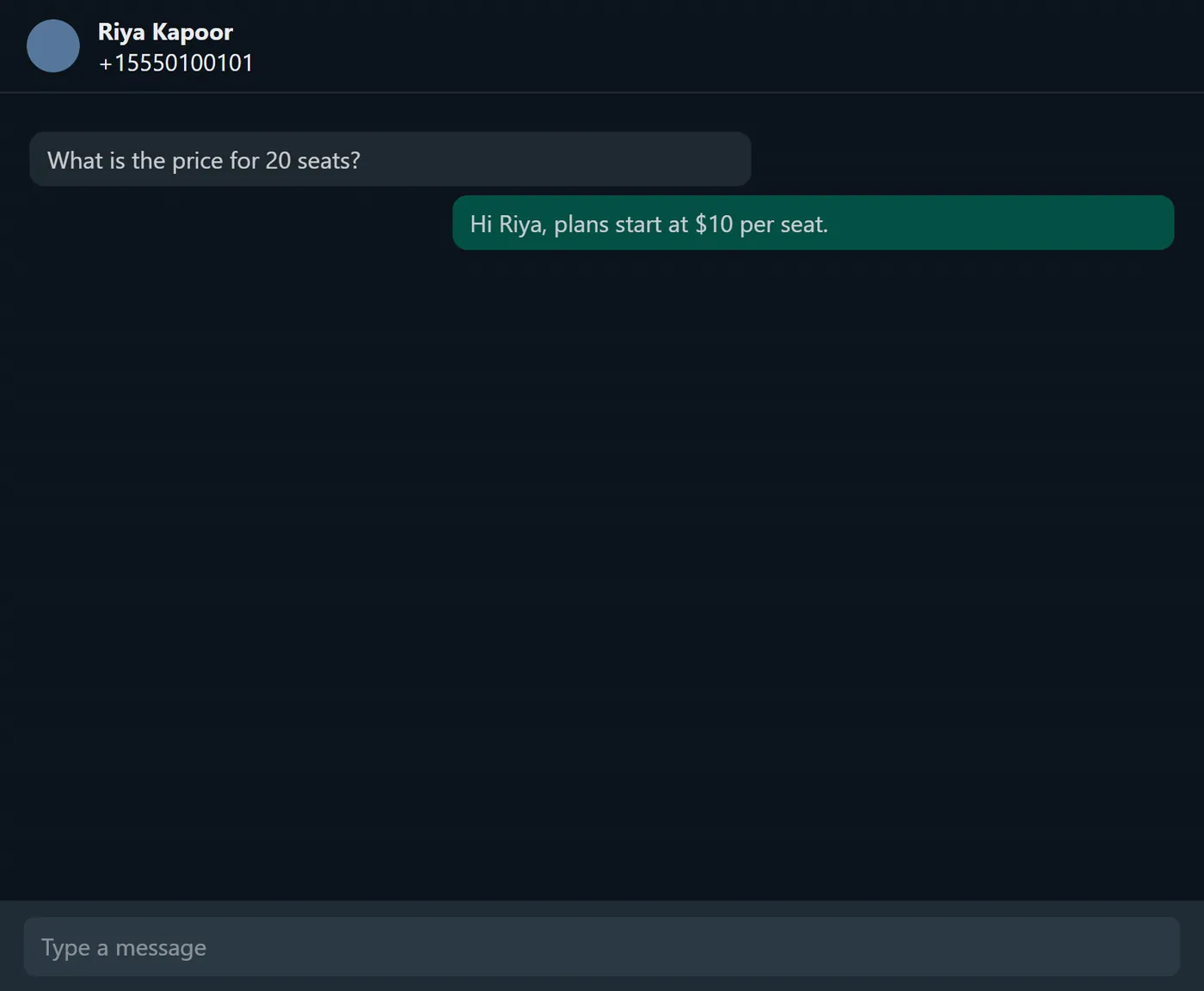 A customer asks about the price, and the bot replies