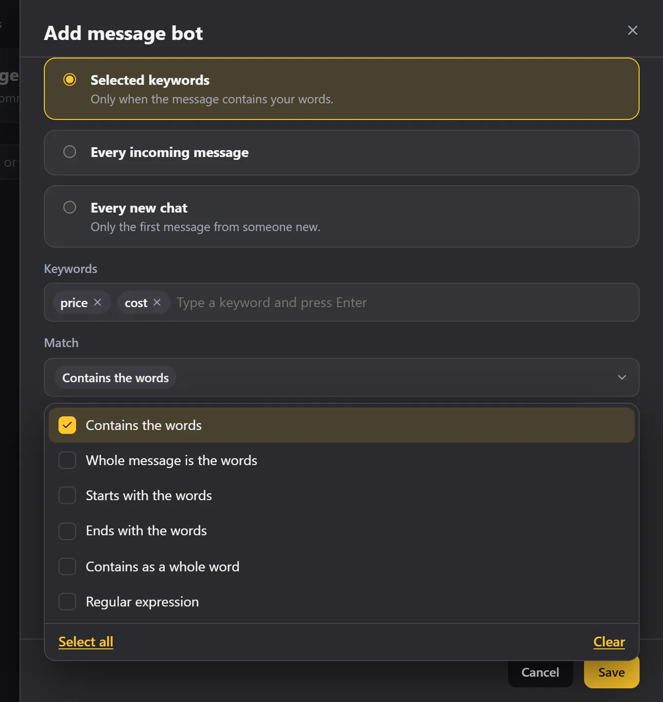 The Match list, and the three ways to trigger a bot