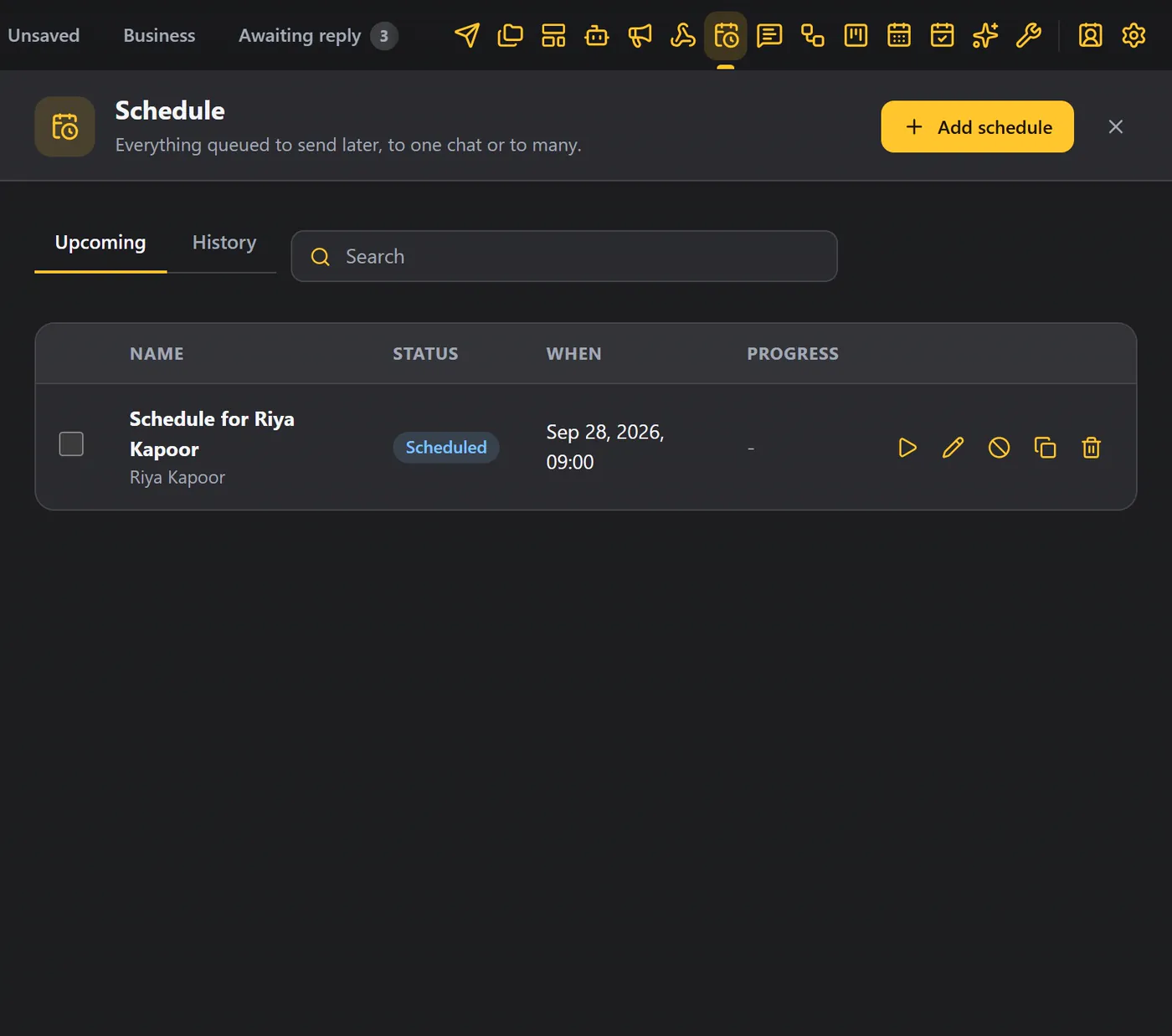 A scheduled item in the Upcoming tab