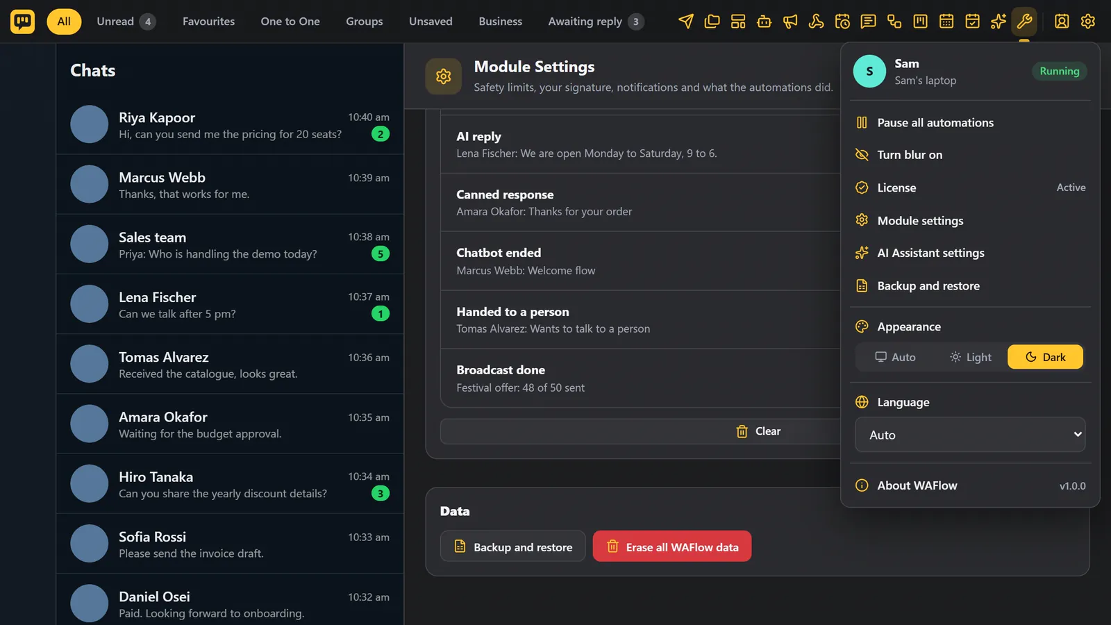 WAFlow in the dark theme, with the Settings menu open