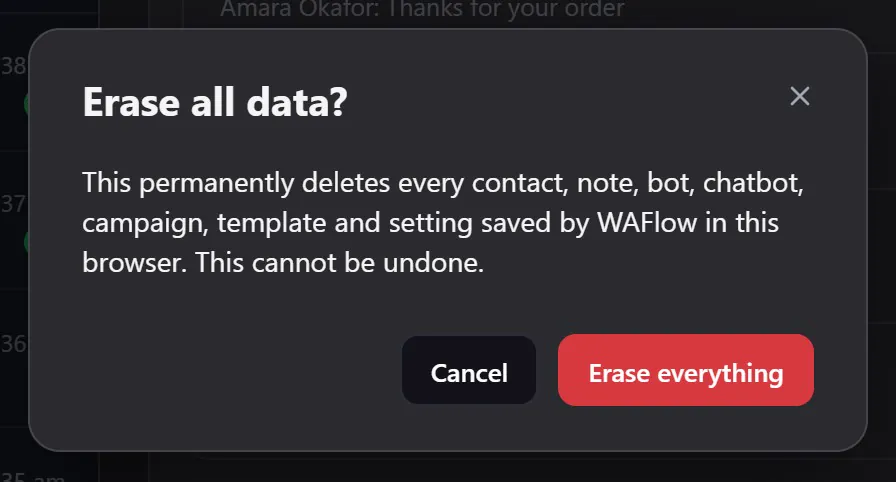 The confirmation before erasing all data